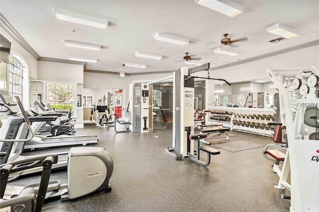4106 Central Sarasota Pkwy Unit 1013, Sarasota, FL 34238 - workout area featuring crown molding and a ceiling fan