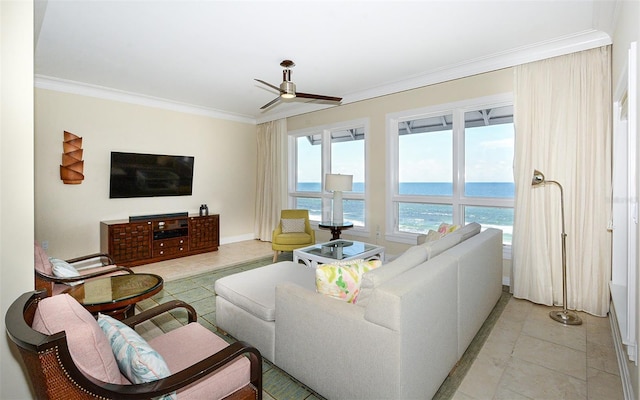 915 Seaside Drive 613, Weeks 4-5, Sarasota, FL 34242 - living room featuring ornamental molding, ceiling fan, and light tile patterned floors