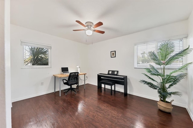 home office featuring ceiling fan and dark hardwood / wood-style flooring