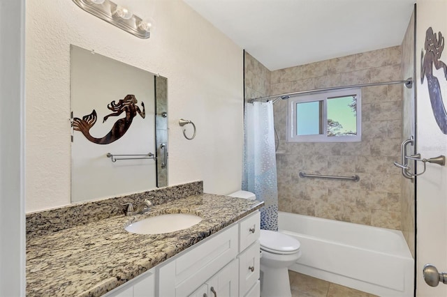 full bathroom featuring tile patterned flooring, vanity, toilet, and shower / tub combo with curtain