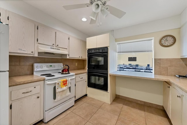 kitchen with backsplash, ceiling fan, light tile patterned flooring, and white appliances