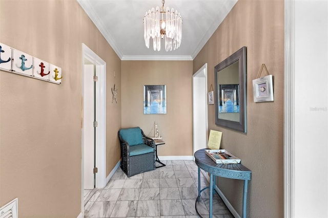 hallway featuring crown molding and an inviting chandelier