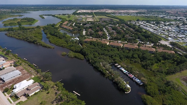 bird's eye view with a water view