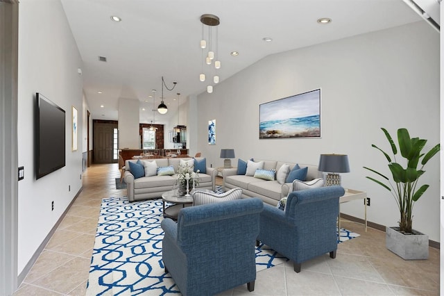 tiled living room with high vaulted ceiling