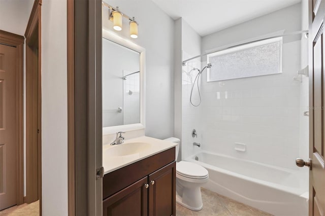 full bathroom featuring vanity, tile patterned flooring, bathing tub / shower combination, and toilet