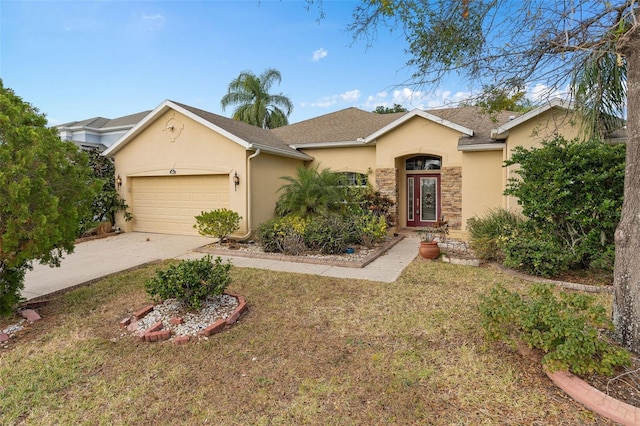 ranch-style home with a front yard and a garage