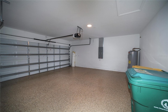 garage featuring electric water heater, electric panel, and a garage door opener