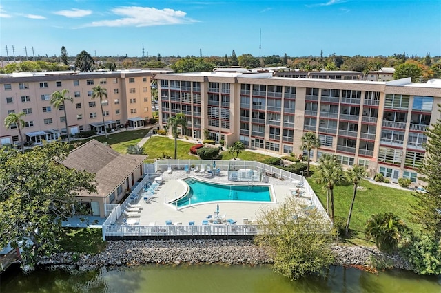 drone / aerial view with a water view