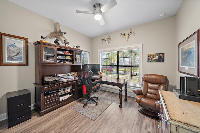 office with light hardwood / wood-style flooring and ceiling fan