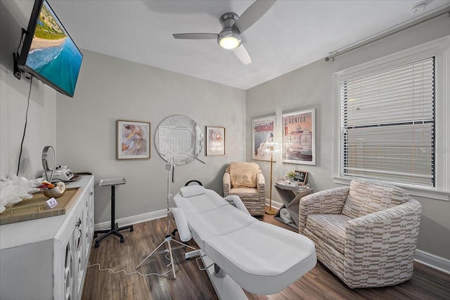 interior space with ceiling fan and dark hardwood / wood-style flooring