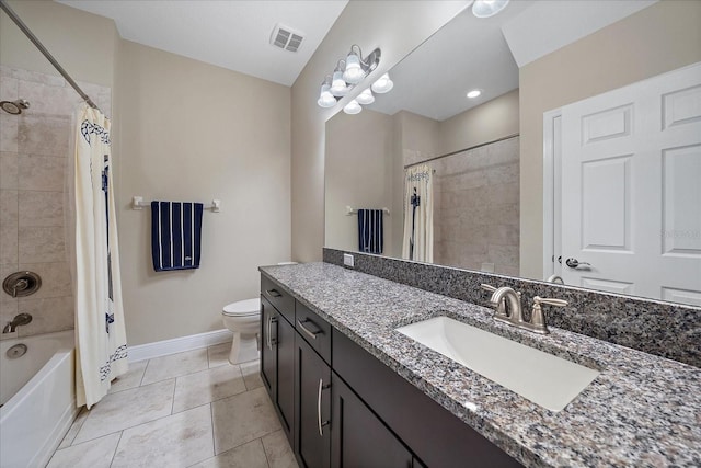 full bathroom with tile patterned floors, vanity, shower / bath combination with curtain, and toilet