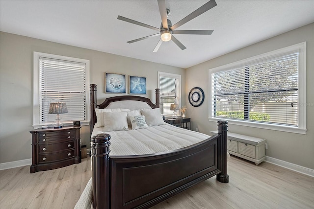 bedroom with ceiling fan and light hardwood / wood-style flooring