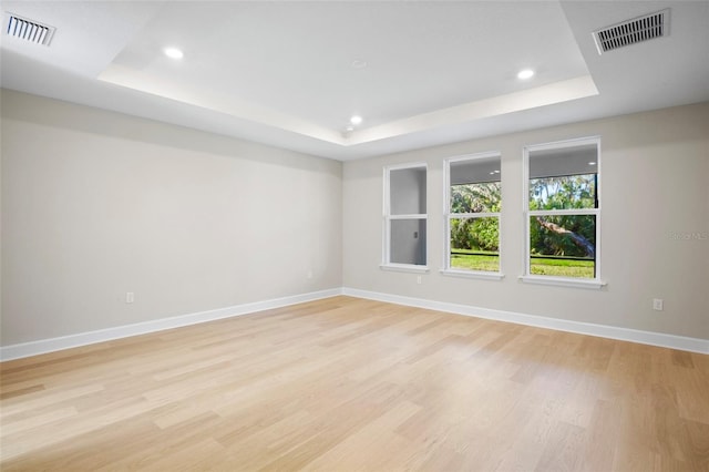 empty room featuring light wood-type flooring and a raised ceiling