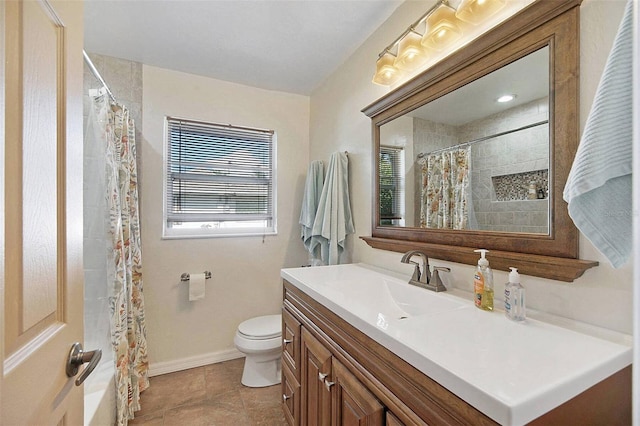 full bathroom with tile patterned floors, vanity, shower / bath combo, and toilet