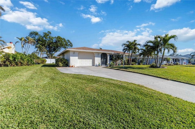 single story home featuring a front yard and a garage