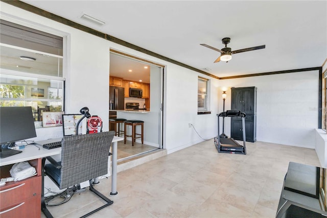 office area featuring ceiling fan and ornamental molding