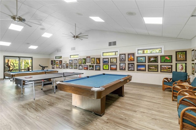 game room with light hardwood / wood-style floors, ceiling fan, and billiards