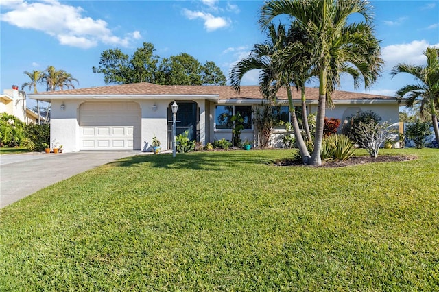 ranch-style home featuring a garage and a front lawn