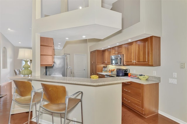 kitchen with kitchen peninsula, light hardwood / wood-style flooring, a towering ceiling, and appliances with stainless steel finishes