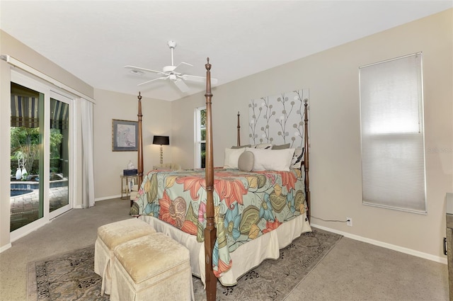 bedroom with carpet flooring, ceiling fan, and access to outside