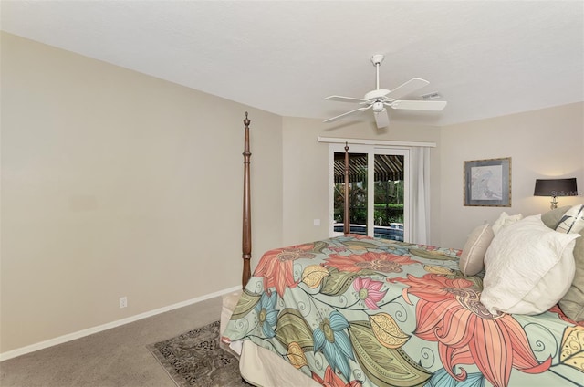 bedroom featuring carpet flooring, access to exterior, and ceiling fan