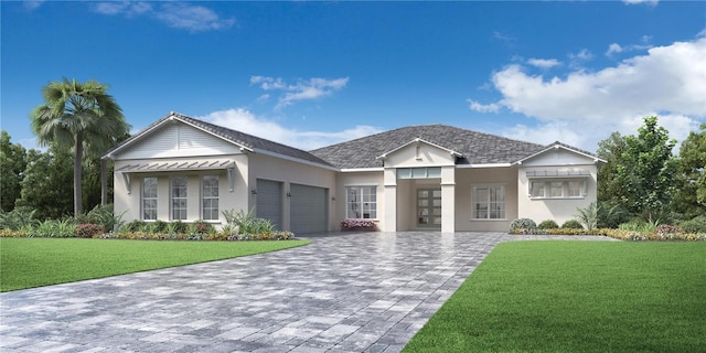 single story home with a front yard and a garage