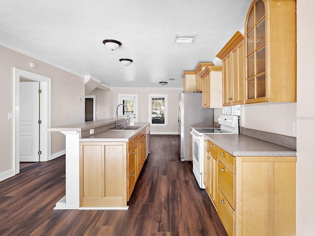 2724 Ashton Rd, Sarasota, FL 34231 - kitchen with appliances with stainless steel finishes, a sink, dark wood-type flooring, crown molding, and an island with sink