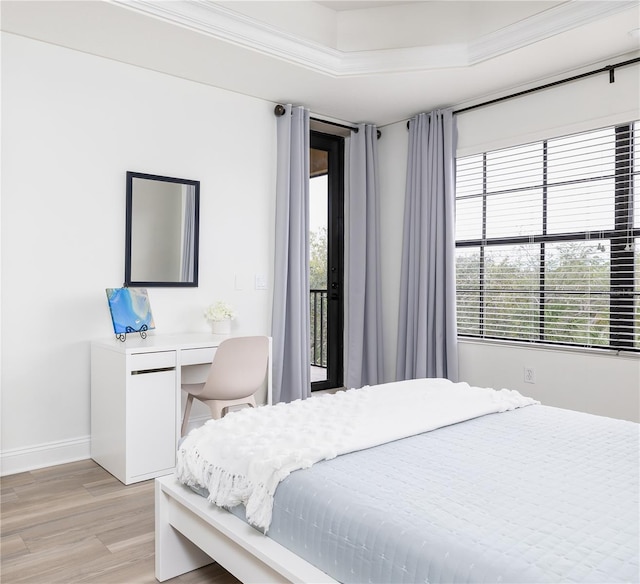 bedroom with a raised ceiling and light hardwood / wood-style flooring