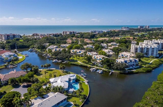 drone / aerial view featuring a water view