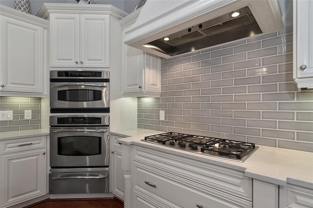 kitchen with white cabinets, appliances with stainless steel finishes, backsplash, and premium range hood