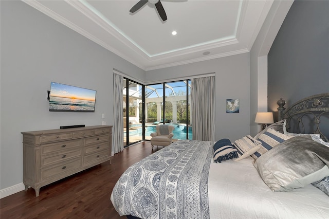 bedroom featuring access to exterior, a raised ceiling, ceiling fan, crown molding, and dark hardwood / wood-style floors