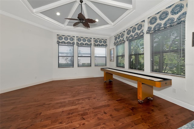 interior space with crown molding, ceiling fan, dark wood-type flooring, and billiards