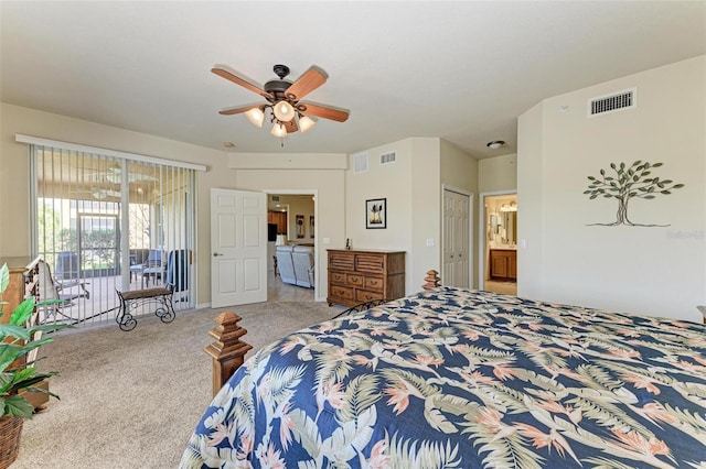 bedroom featuring access to exterior, light carpet, ceiling fan, connected bathroom, and a closet