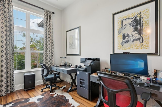 office area with a wealth of natural light and light wood-type flooring