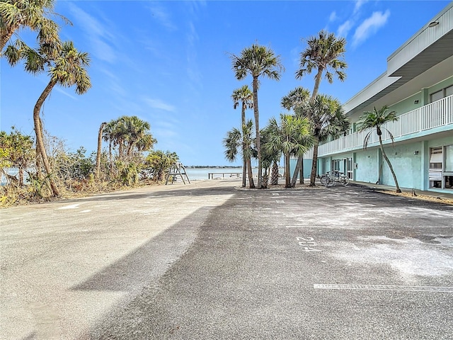 view of street with a water view