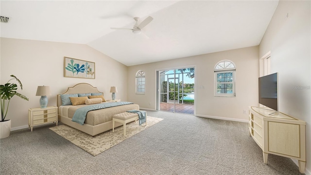 bedroom featuring access to outside, ceiling fan, carpet, and vaulted ceiling