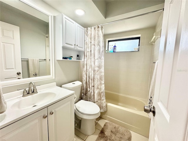 bathroom with shower / bathtub combination with curtain, vanity, toilet, and tile patterned floors