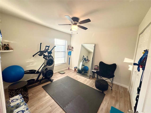 workout room with ceiling fan, baseboards, and wood finished floors