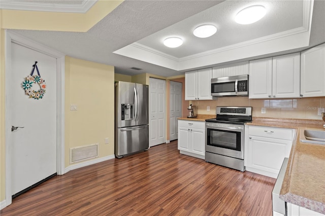 kitchen featuring dark wood-type flooring, stainless steel appliances, a raised ceiling, a textured ceiling, and white cabinets