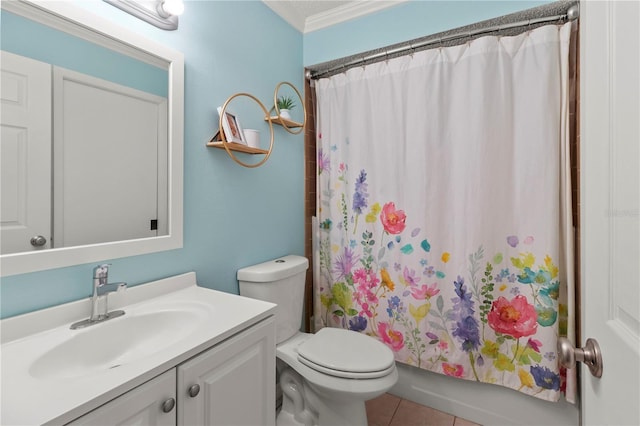 full bathroom with tile patterned flooring, toilet, shower / bath combo with shower curtain, vanity, and ornamental molding