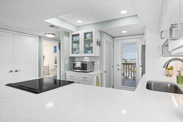 kitchen with white cabinets, appliances with stainless steel finishes, a tray ceiling, and sink