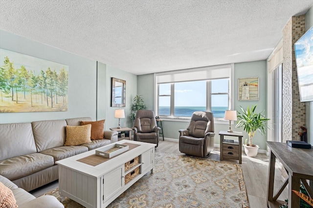 living room featuring a textured ceiling and light hardwood / wood-style floors