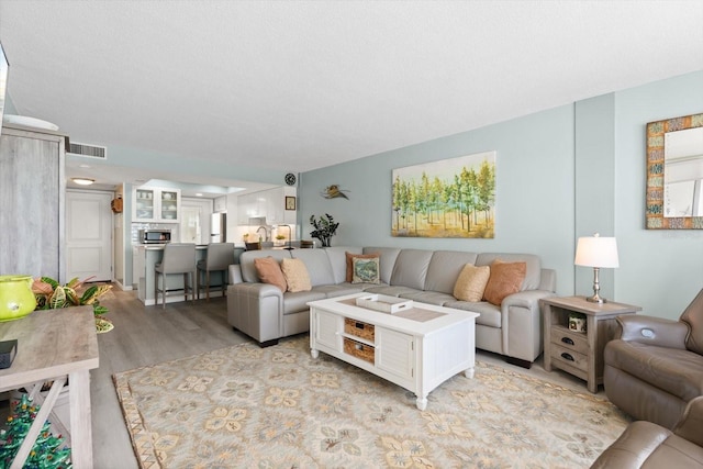 living room with light hardwood / wood-style flooring and a textured ceiling