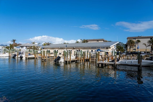 view of dock with a water view