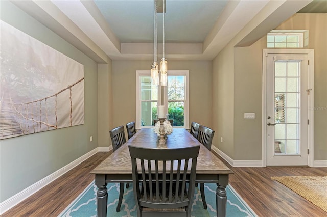 dining area featuring dark hardwood / wood-style floors and a raised ceiling