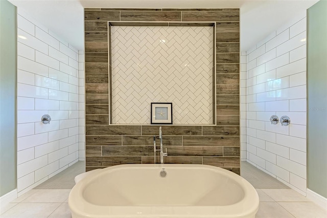 bathroom with tile patterned floors, tile walls, and independent shower and bath