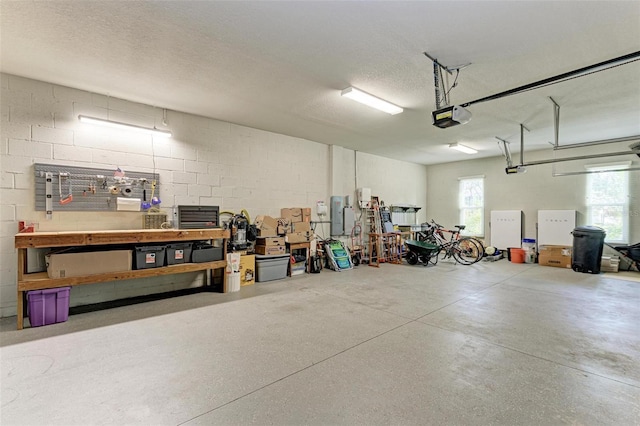 garage featuring a workshop area, electric panel, and a garage door opener