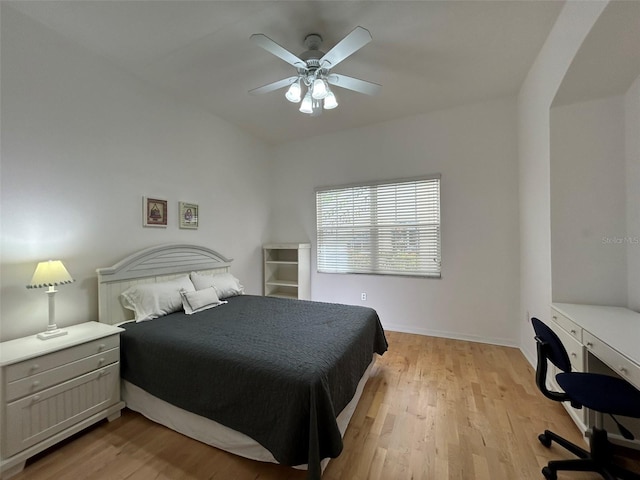 bedroom featuring ceiling fan and light wood-type flooring