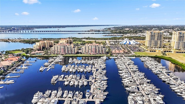 drone / aerial view featuring a water view