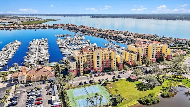 bird's eye view with a water view